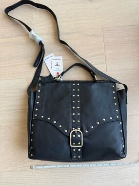 American Bison Black Studded Leather Crossbody Bag with Gold Hardware